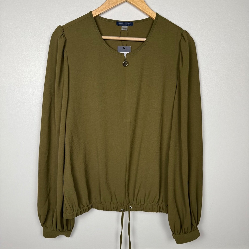 Tommy Hilfiger Women's Medium Olive Green Zip-Front Drawstring Hem Blouse